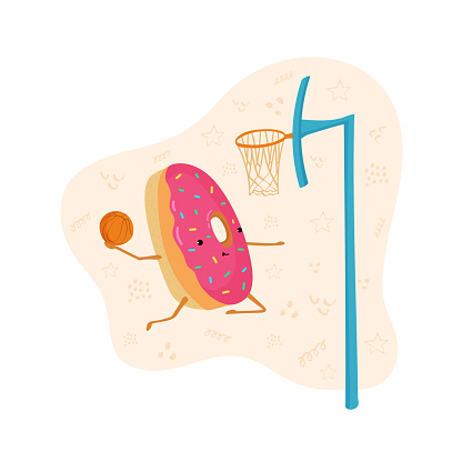 A fun illustration of a donut playing basketball. Donut puts the ball in the basketball basket. Cute poster with pink donut for poster, postcard, clothes, flyers. Vector