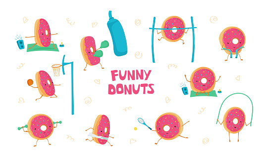 Set with funny cute donuts in sports. Donuts meditates, plays basketball, tennis, running, jumping rope, Boxing. Vector illustration for kids postcards, posters, fabric, Wallpaper