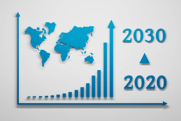 Future trend with growth diagram, world map and 2020 to 2030 numbers stock photo