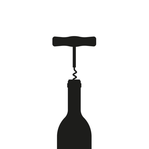 weinflaschenöffner oder korkenzieher mit flaschensymbol. vektor-illustration - cork wine corkscrew old stock-grafiken, -clipart, -cartoons und -symbole