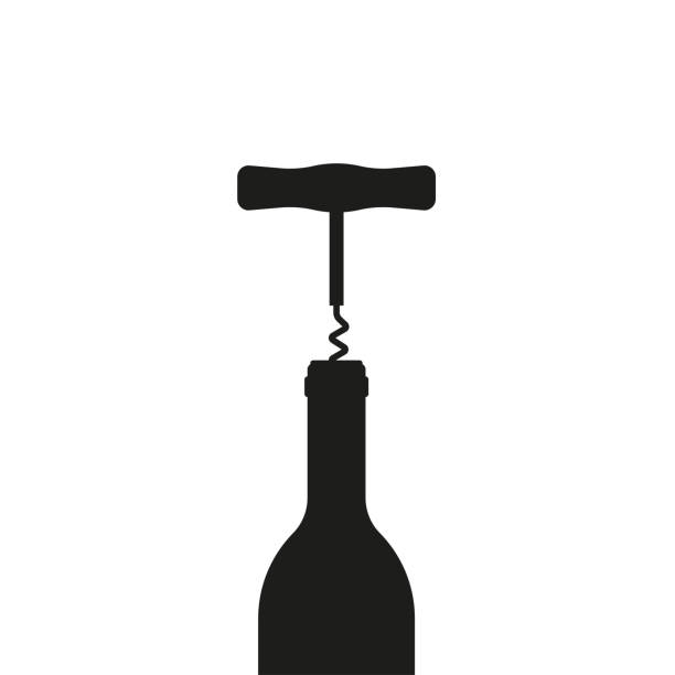 illustrazioni stock, clip art, cartoni animati e icone di tendenza di apribottiglia o cavatappi con icona bottiglia. illustrazione vettoriale - wine cork wine bottle bottle