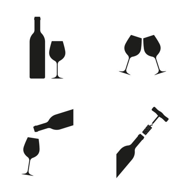 ilustrações de stock, clip art, desenhos animados e ícones de wine icon set: wine bottle, glasses, corkscrew and cork. vector illustration. - stopper