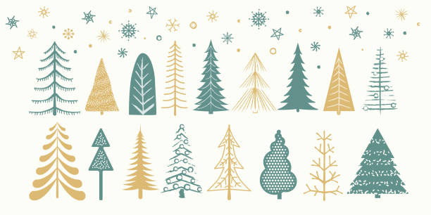 satz von weihnachtsbäumen - christmas tree dirty winter grunge stock-grafiken, -clipart, -cartoons und -symbole