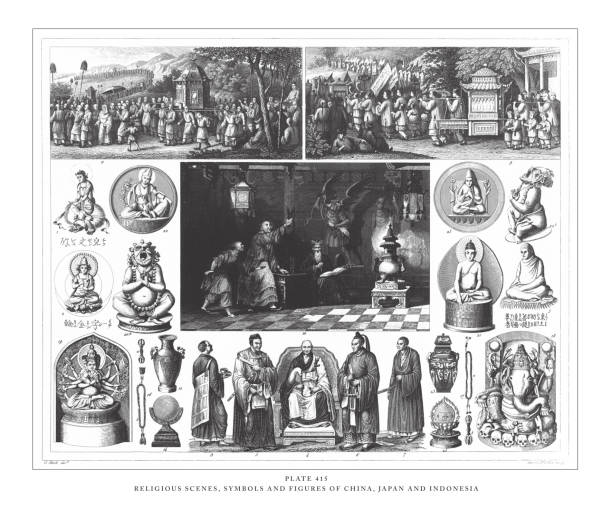 ilustraciones, imágenes clip art, dibujos animados e iconos de stock de escenas religiosas, símbolos y figuras de china, japón e indonesia ilustración antigua de grabado, publicado en 1851 - tantric buddhism