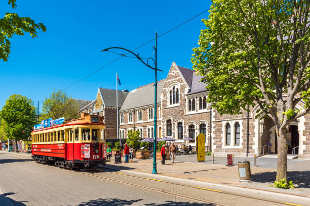 The famous classic tram on the street, Christchurch, New Zealand. stock photo