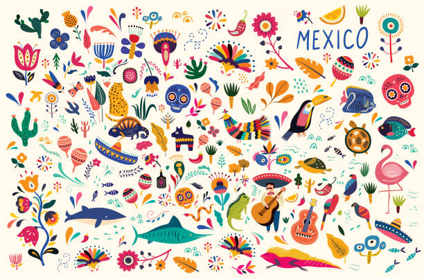 Mexican pattern Mexican decorative vector pattern. Traditional symbols and decorative elements. guitar symbols stock illustrations