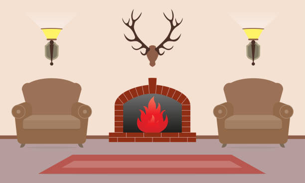 ilustrações de stock, clip art, desenhos animados e ícones de living room interior with fireplace, armchairs and deer antlers on the wall in flat style. vintage design. vector illustration. - 3679