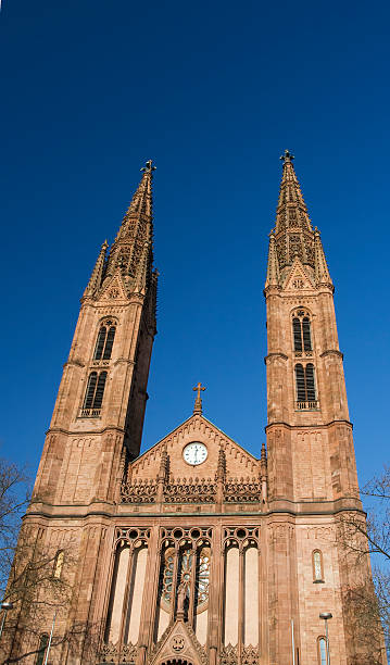 Steeples of Bonifatius-church  church hessen religion wiesbaden stock pictures, royalty-free photos & images