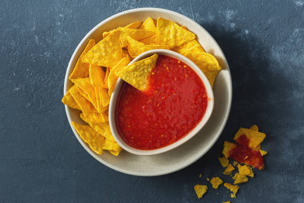 istock From above view of nachos plate with tomato sauce 1175963290