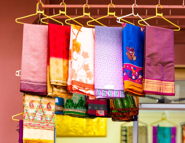 Indian sari in the local market, Puttaparthi, India. With selective focus stock photo
