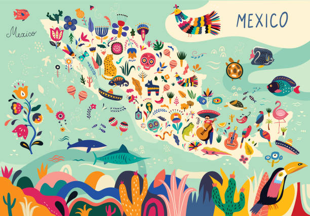 Map of Mexico Map of Mexico with traditional symbols and decorative elements. mexico illustrations stock illustrations