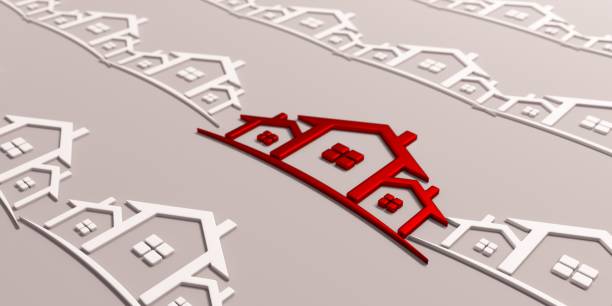 red houses between white houses in gray color background. Real estate concept
