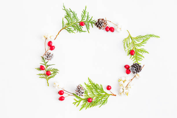 istock Flat lay christmas frame with evergreen tree branch and berries on a white background 1175965249