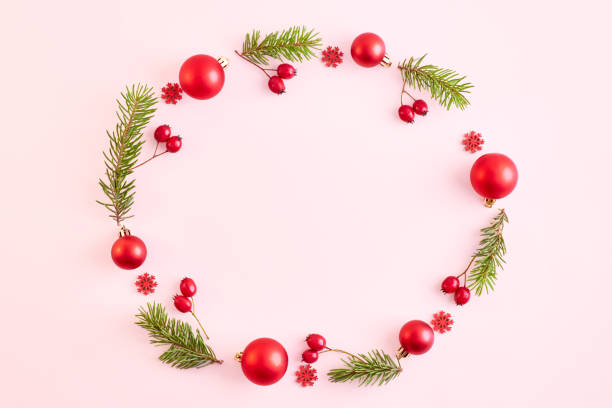 istock Flat lay christmas frame with spruce branches and christmas decorations on a color background 1175965312