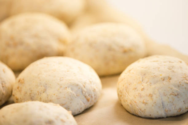 Oat bread buns rising on a baking sheet stock photo