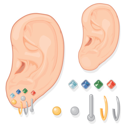 A vector illustration of a human ear wearing various earrings.