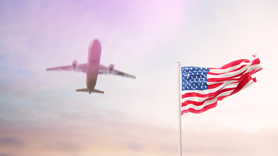 USA Flag With Airplane At Background 3D Rendering