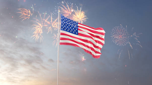istock American Flag With Morning Sky And Fireworks 1175975628