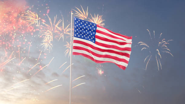 istock American Flag With Morning Sky And Fireworks 1175975633