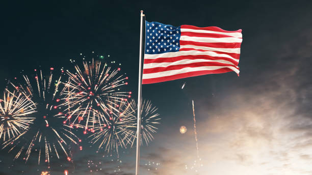 istock American Flag With Morning Sky And Fireworks 1175975703