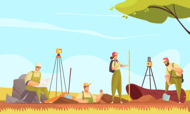 Geologist Soil Flat Composition Geologist soil composition with group of flat doodle characters measuring digging ground in wild outdoor scenery vector illustration geologist stock illustrations