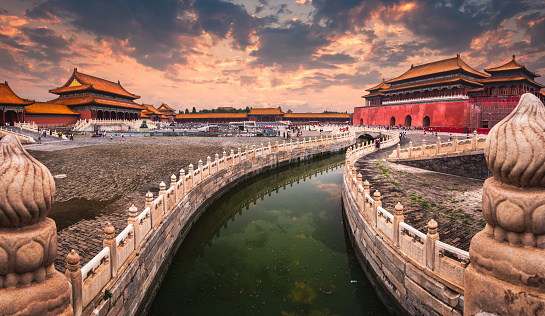 A moat runs through the center of the Forbidden City in Beijing, China.
