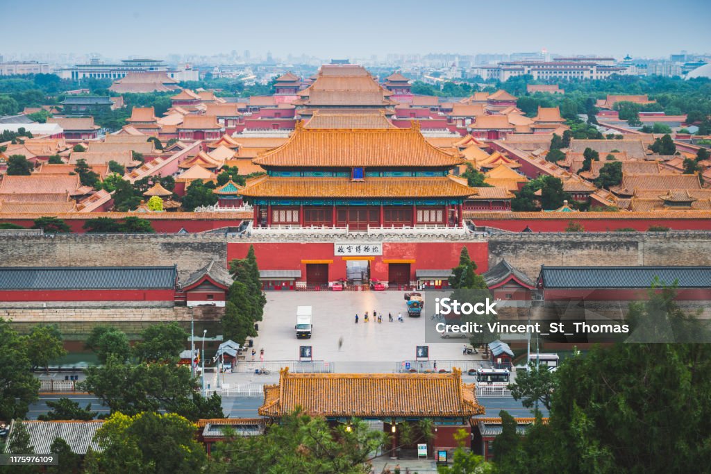 Forbidden City Looking out over the massive palace complex at the Forbidden City in Beijing, China. Aerial View Stock Photo