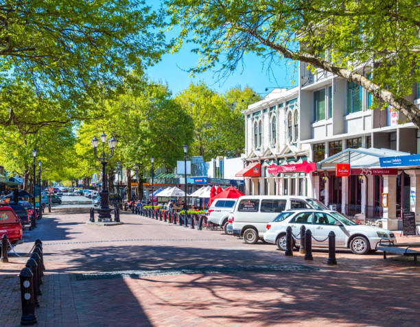 View of buildings on a historic south street, Nelson, New Zealand. stock photo