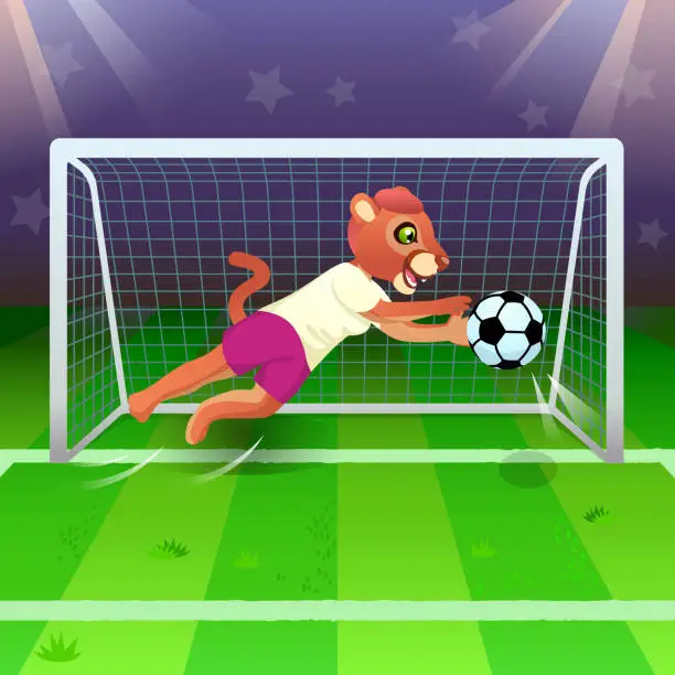 Vector illustration of The cougar girl as a goalkeeper catching the soccer ball near gates on the field