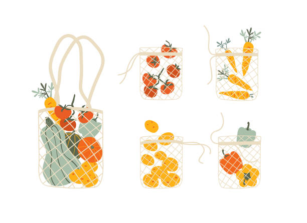 Set of Mesh eco bags full of vegetables isolated on white background. Set of Mesh eco bags full of vegetables isolated on white background. Modern shopper with fresh organic food from local market. Vector illustration in flat cartoon style. shopping bag illustrations stock illustrations