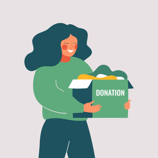 illustrations, cliparts, dessins animés et icônes de une femme bénévole tient la boîte de don avec de vieux vêtements usagés prêts à être donnés ou recyclés. - bénévole illustrations