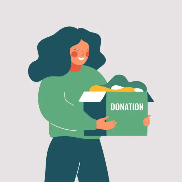 Vector illustration of Volunteer woman holds donation box with old used clothes ready to be donated or recycled.