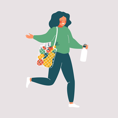 Woman holds reusable cup and eco bag with fresh food. Cute girl is Shopping without waste. Vector illustration