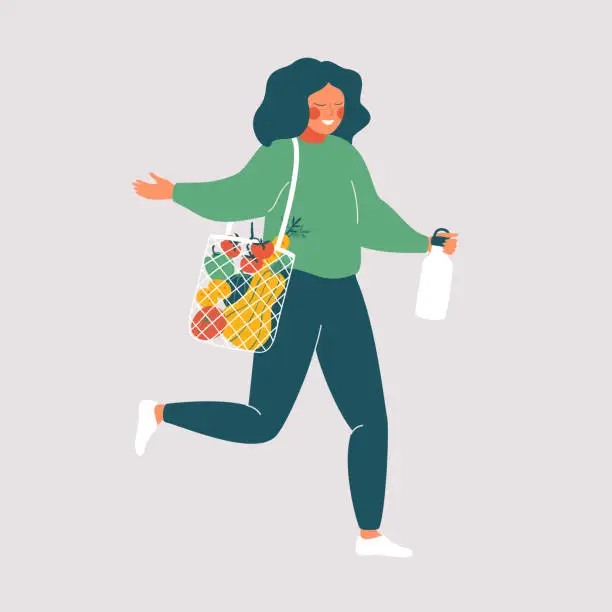 Vector illustration of Woman holds reusable cup and eco bag with fresh food