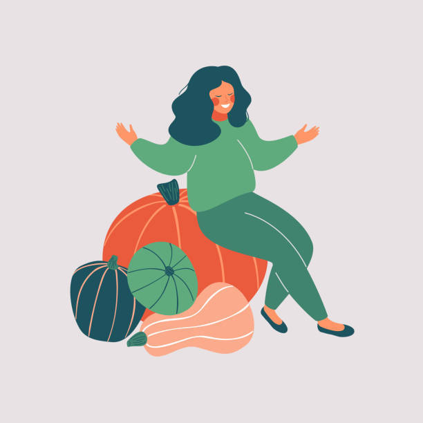 stockillustraties, clipart, cartoons en iconen met gelukkige vrouw zit op de stapel pompoenen met open armen - herfst vrouw