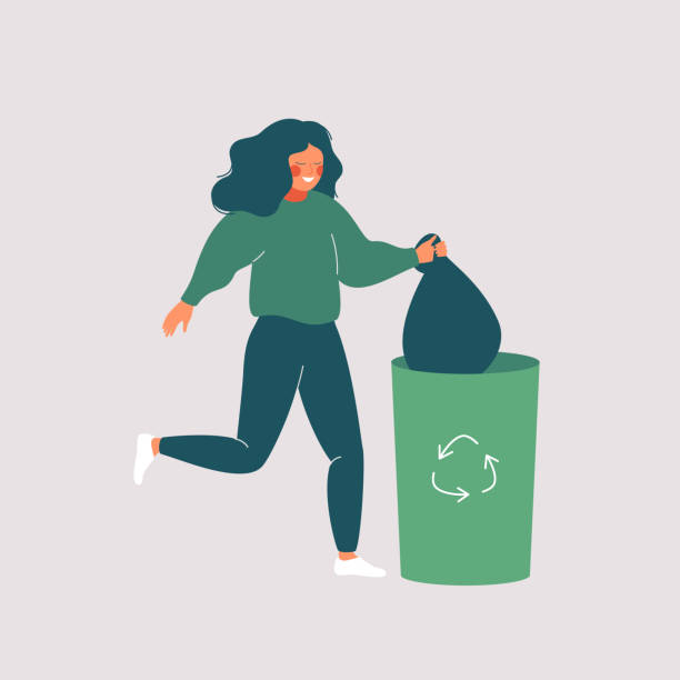 Happy woman throws away trash into green trash bin with recycling symbol Happy woman throws away trash into green trash bin with recycling symbol. Vector illustration isolated from background recycling illustrations stock illustrations