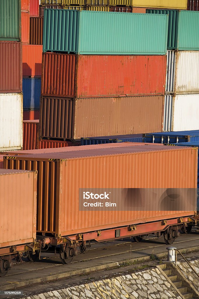Cargo Containers Stacked at Harbor and Loaded On Train Wagons  Baden-Württemberg Stock Photo