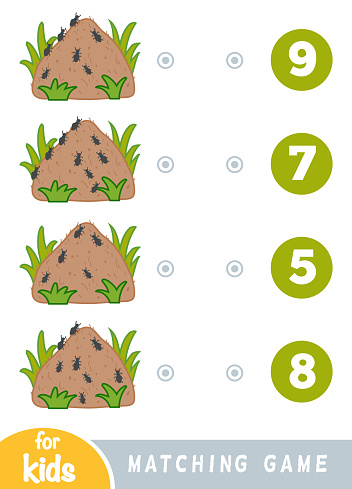 Matching education game for children. Count how many ants and choose the correct number