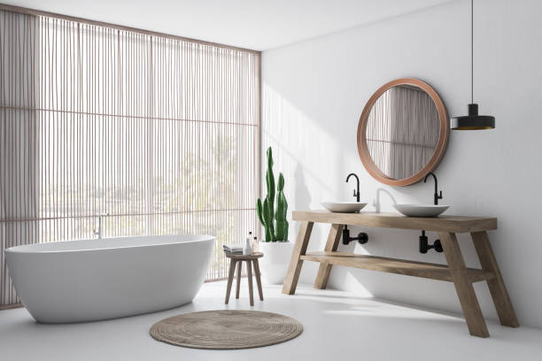 istock Light wooden and white bathroom corner 1175997257