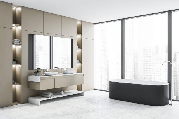 istock Beige loft bathroom corner, tub and sink 1175997970