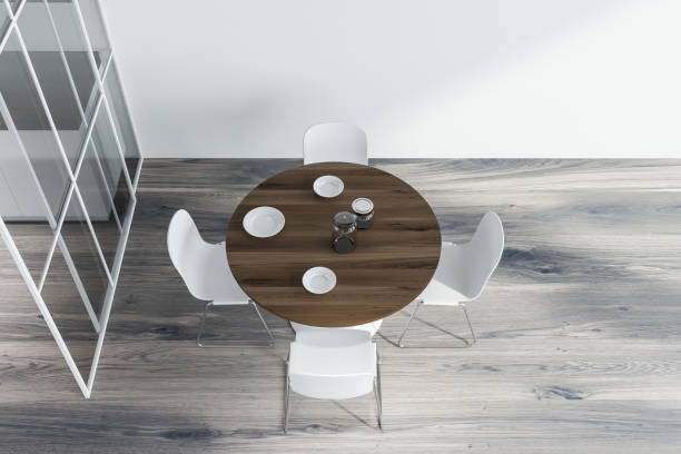 istock Top view of white dining room with round table 1175998014