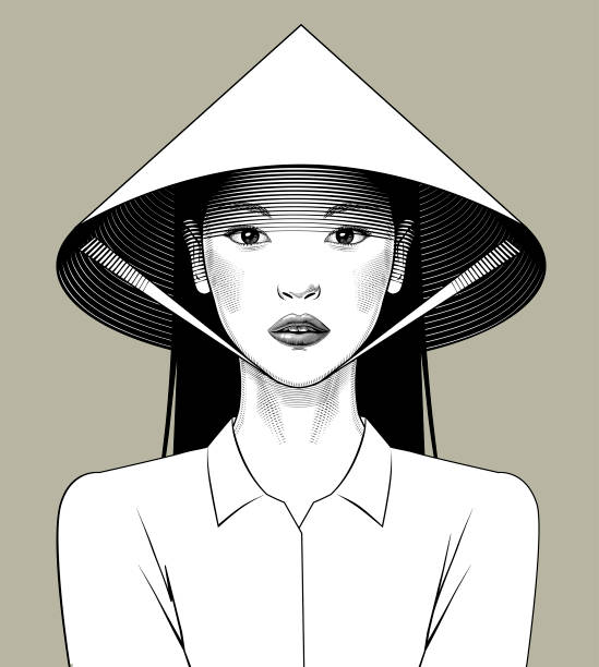 아시아 원두 모자에 동양 소녀 - vietnamese ethnicity stock illustrations