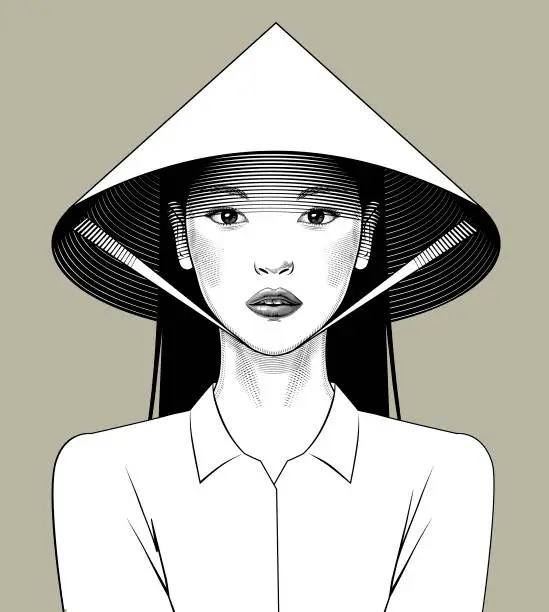 Vector illustration of Eastern girl in asian conical hat