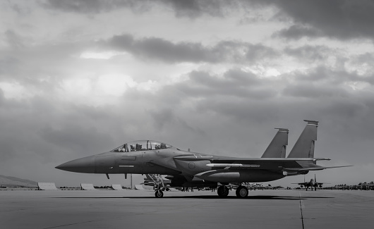 San Diego, California, USA - September 23, 2022: US Marines conduct a FOD Walkdown (Foreign Object Debris) near a C5 Galaxy at the end of the day during the 2022 Miramar Airshow.