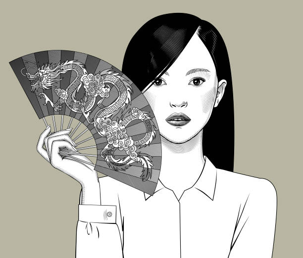 chinesische mädchen hält einen ventilator mit einem drachen in der hand - dragon chinese dragon china chinese ethnicity stock-grafiken, -clipart, -cartoons und -symbole