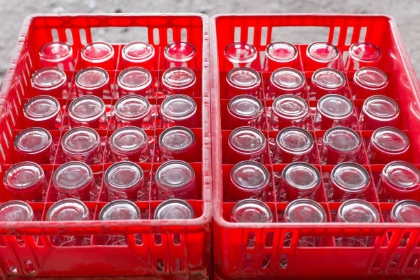 istock Selective focus of Drinking glass in red plastic crates 1176041139