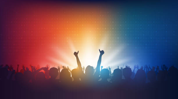 Silhouette of people raise hands up in concert and digital dot pattern. on red and blue color background Silhouette of people raise hands up in concert and digital dot pattern. on red and blue color background crowd of people silhouettes stock illustrations