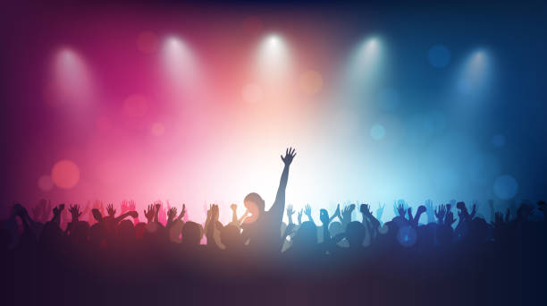 illustrazioni stock, clip art, cartoni animati e icone di tendenza di silhouette di persone alzano la mano in concerto rock con bagliore dell'obiettivo su sfondo rosso e blu - cheering