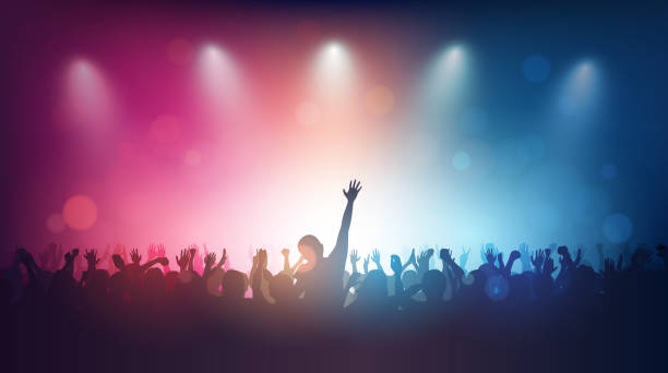 ilustrações de stock, clip art, desenhos animados e ícones de silhouette of people raise hand up in rock concert with lens flare on red and blue colour background - cheering