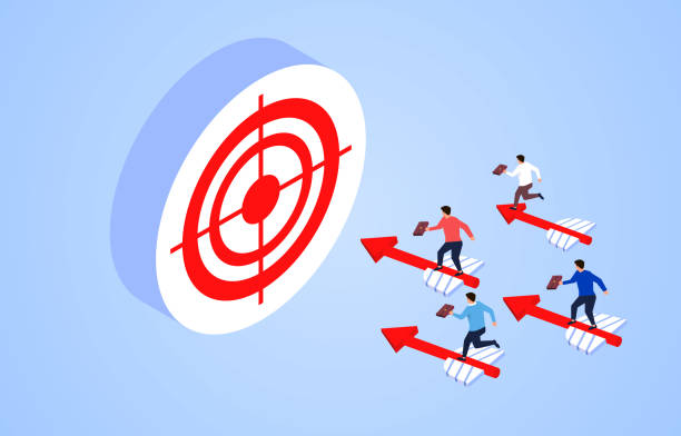 ilustrações de stock, clip art, desenhos animados e ícones de businessman standing on darts flying to target bulls eye - target sport target target shooting bulls eye